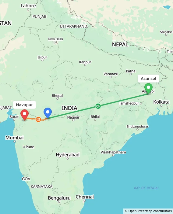 Route map showing distance and travel time from Asansol, India to Navapur, India