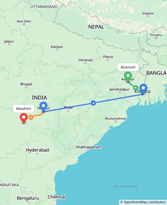 Route map showing distance and travel time from Asansol, India to Washim, India