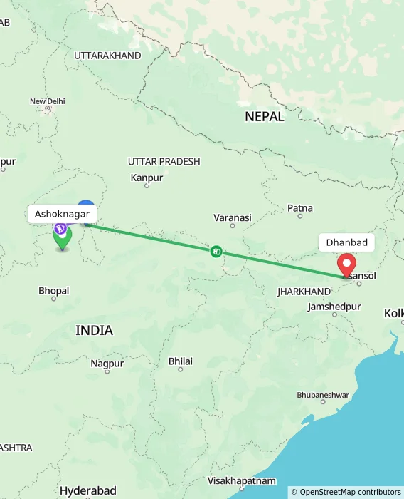 Route map showing distance and travel time from Ashoknagar, India to Dhanbad, India