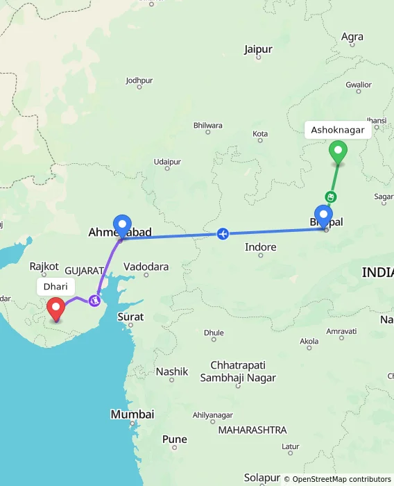 Route map showing distance and travel time from Ashoknagar, India to Dhari, India