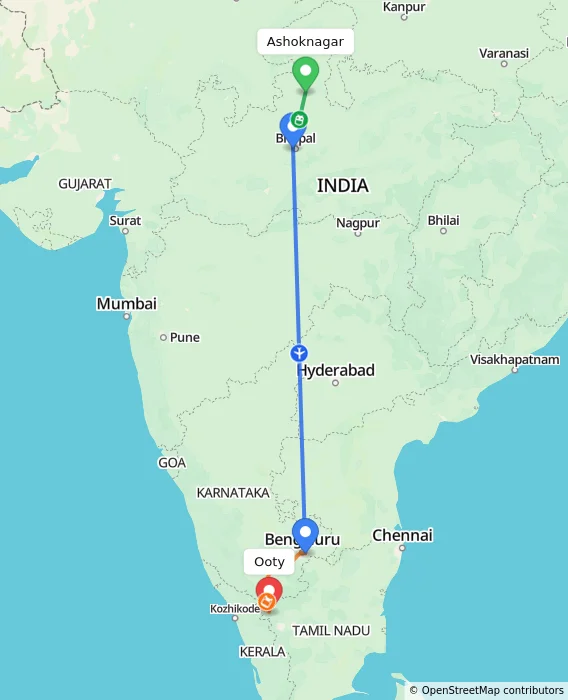 Route map showing distance and travel time from Ashoknagar, India to Ooty, India