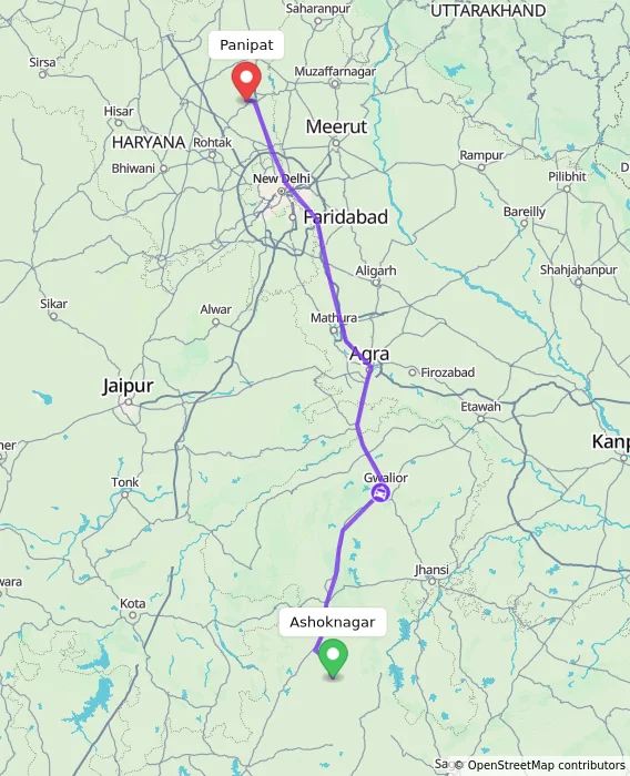 Route map showing distance and travel time from Ashoknagar, India to Panipat, India
