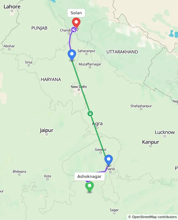 Route map showing distance and travel time from Ashoknagar, India to Solan, India