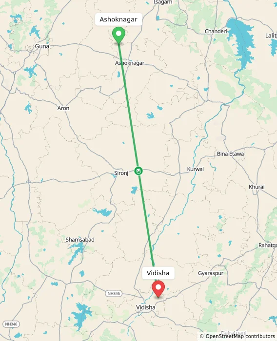 Route map showing distance and travel time from Ashoknagar, India to Vidisha, India