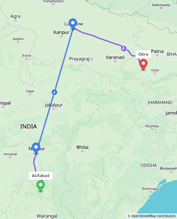 Route map showing distance and travel time from Asifabad, India to Obra, India
