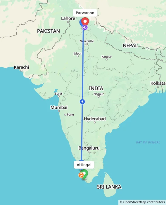 Route map showing distance and travel time from Attingal, India to Parwanoo, India