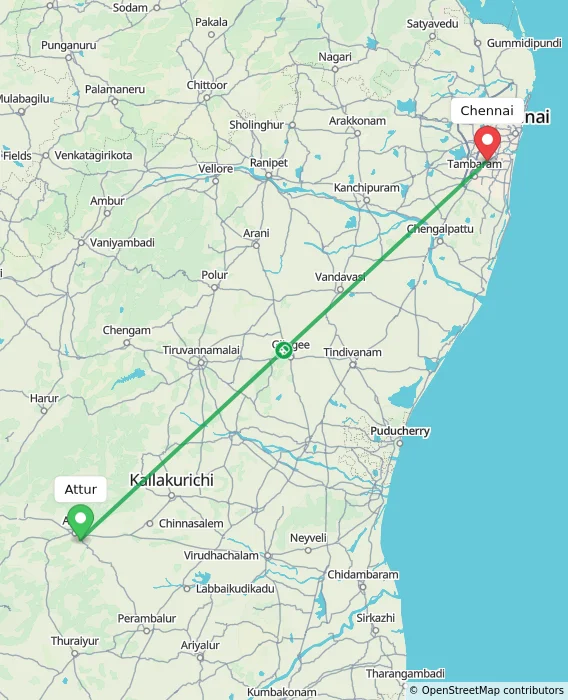 Route map showing distance and travel time from Attur, India to Chennai, India