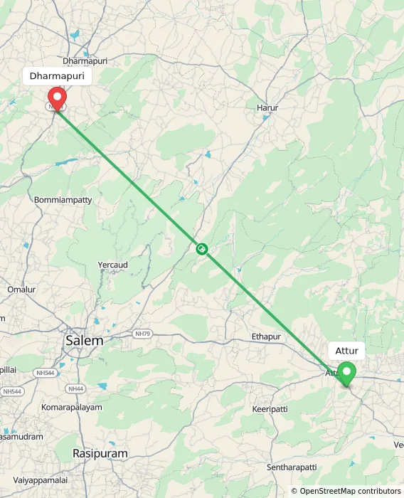 Route map showing distance and travel time from Attur, India to Dharmapuri, India