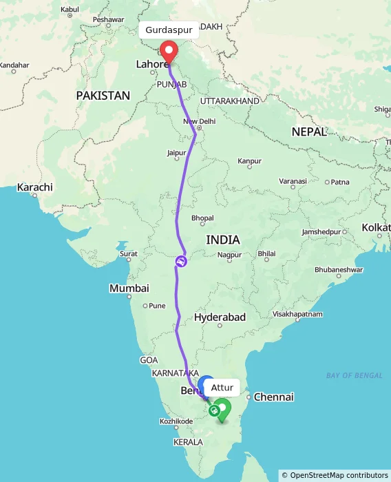 Route map showing distance and travel time from Attur, India to Gurdaspur, India