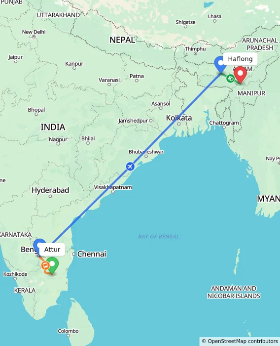 Route map showing distance and travel time from Attur, India to Haflong, India