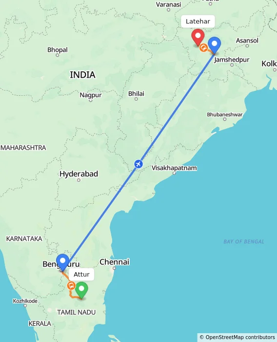 Route map showing distance and travel time from Attur, India to Latehar, India