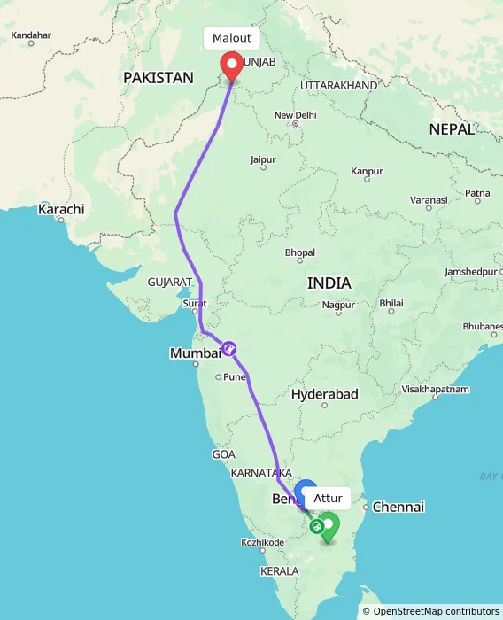 Route map showing distance and travel time from Attur, India to Malout, India