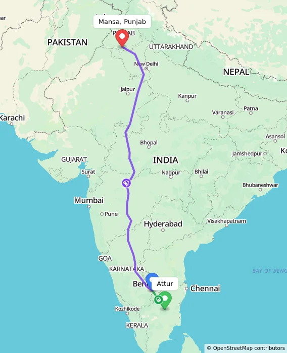 Route map showing distance and travel time from Attur, India to Mansa, Punjab, India
