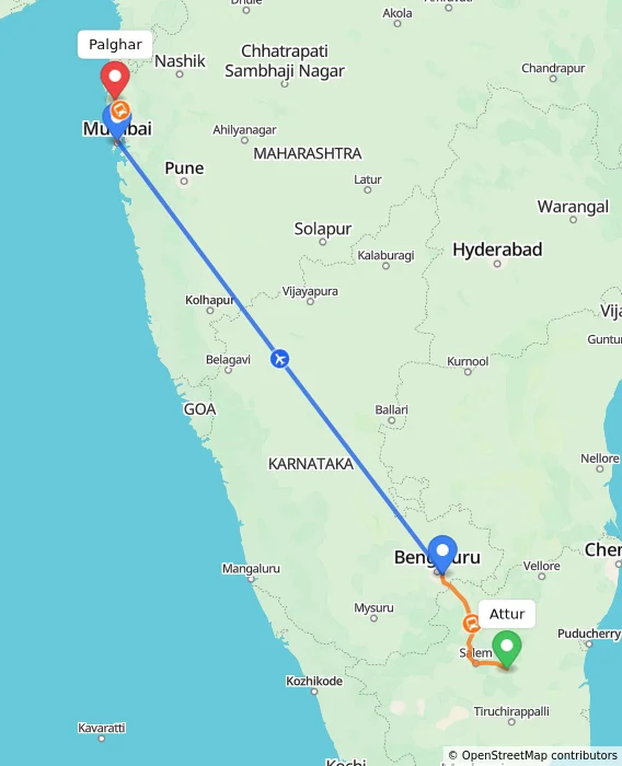 Route map showing distance and travel time from Attur, India to Palghar, India
