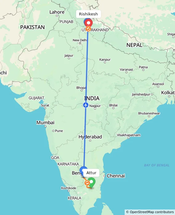 Route map showing distance and travel time from Attur, India to Rishikesh, India