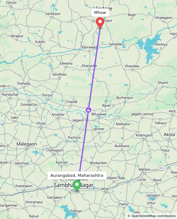 Route map showing distance and travel time from Aurangabad, Maharashtra, India to Mhow, India