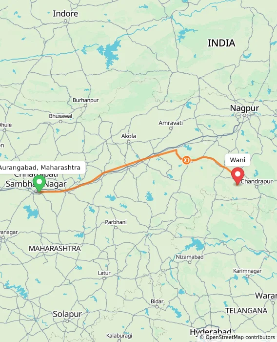 Route map showing distance and travel time from Aurangabad, Maharashtra, India to Wani, India