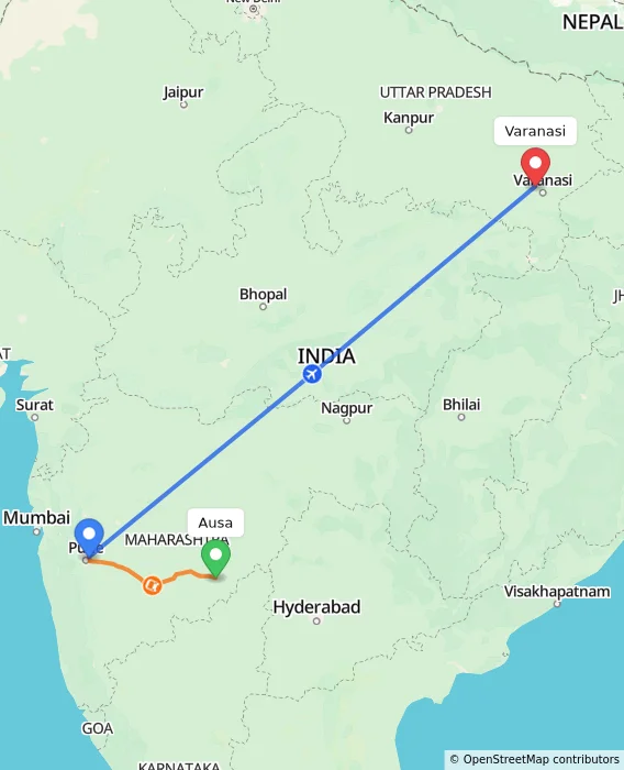 Route map showing distance and travel time from Ausa, India to Varanasi, India