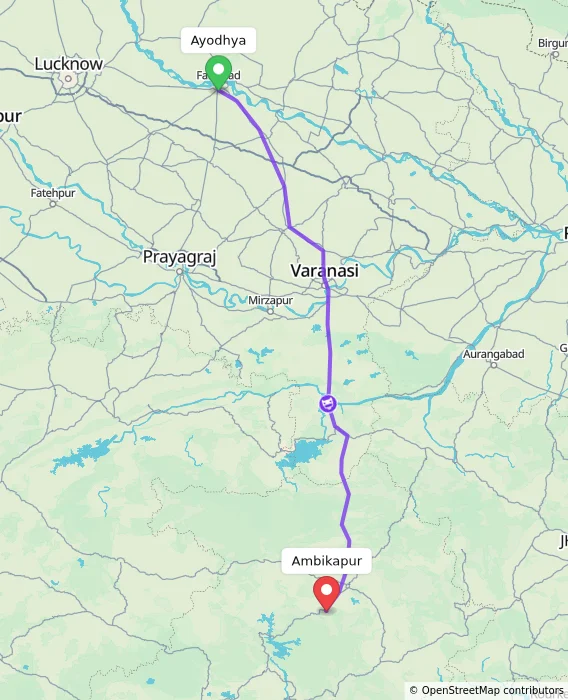 Route map showing distance and travel time from Ayodhya, India to Ambikapur, India