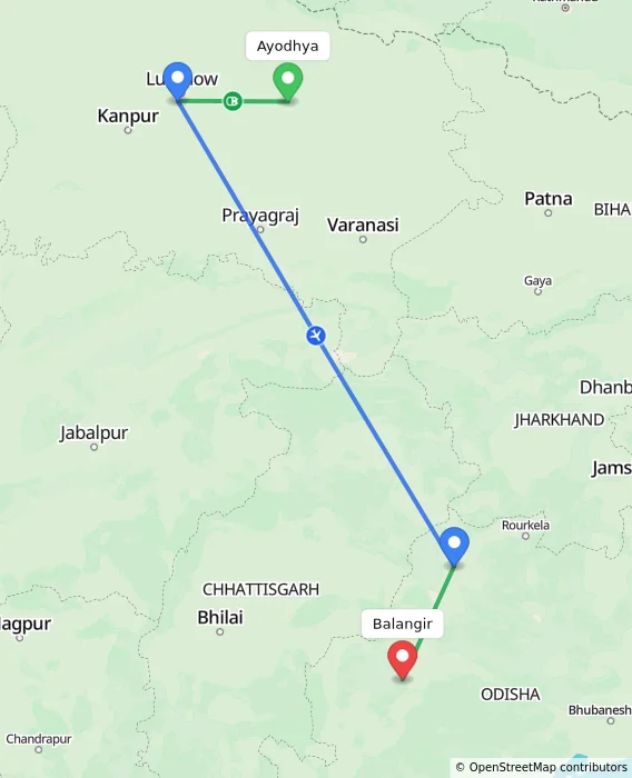 Route map showing distance and travel time from Ayodhya, India to Balangir, India