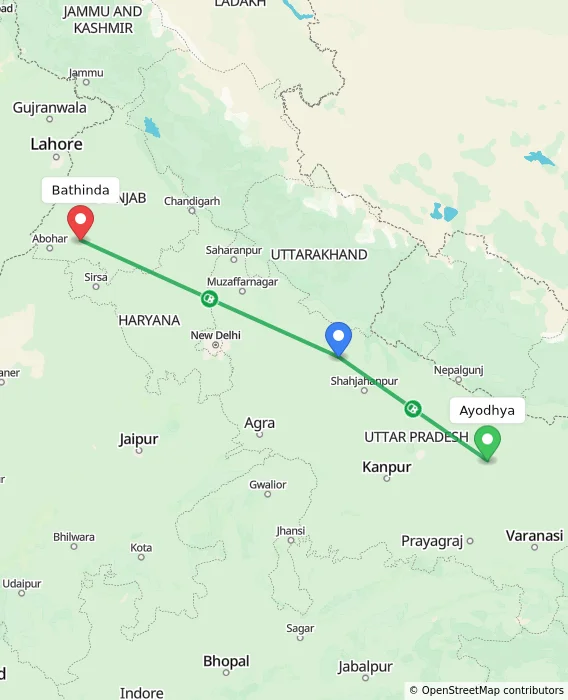 Route map showing distance and travel time from Ayodhya, India to Bathinda, India