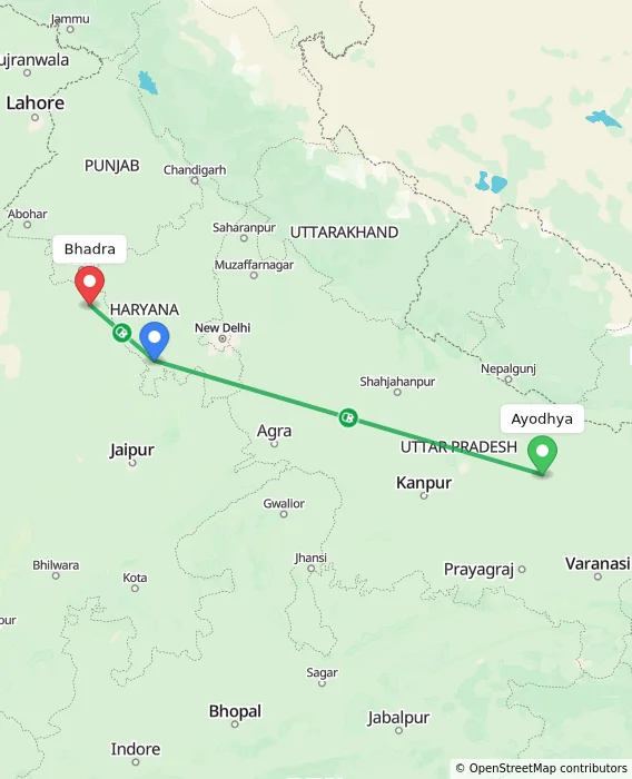 Route map showing distance and travel time from Ayodhya, India to Bhadra, India