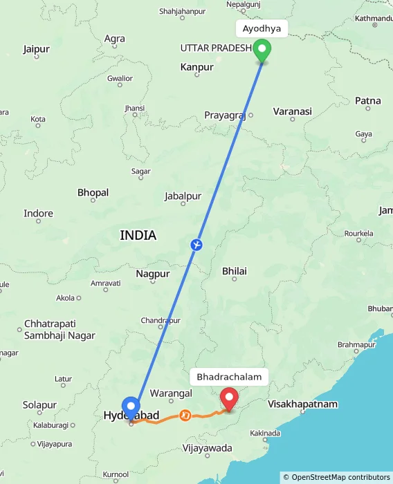 Route map showing distance and travel time from Ayodhya, India to Bhadrachalam, India