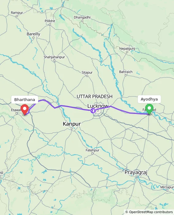 Route map showing distance and travel time from Ayodhya, India to Bharthana, India
