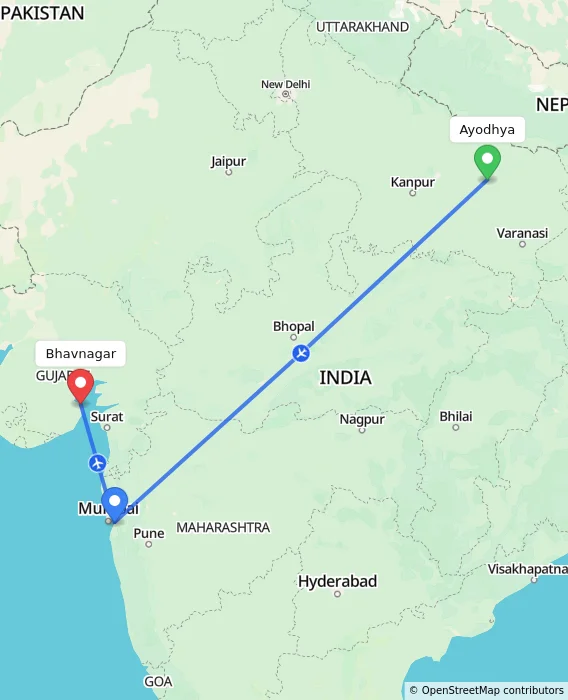 Route map showing distance and travel time from Ayodhya, India to Bhavnagar, India