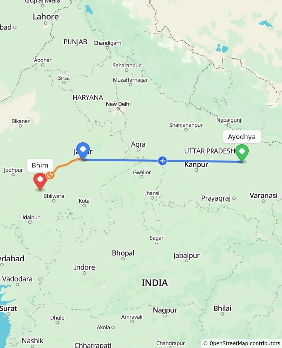 Route map showing distance and travel time from Ayodhya, India to Bhim, India