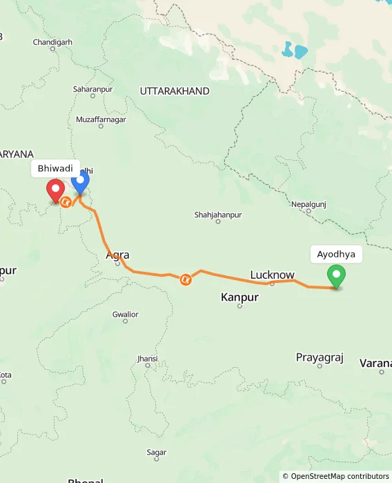 Route map showing distance and travel time from Ayodhya, India to Bhiwadi, India