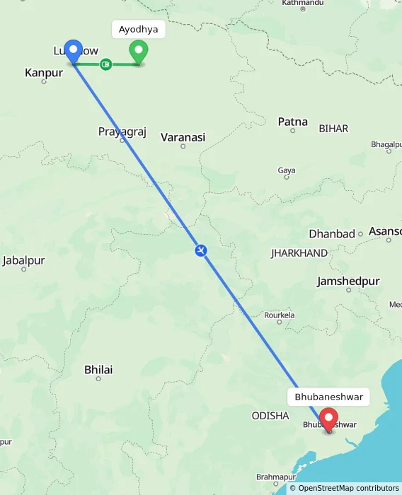 Route map showing distance and travel time from Ayodhya, India to Bhubaneshwar, India