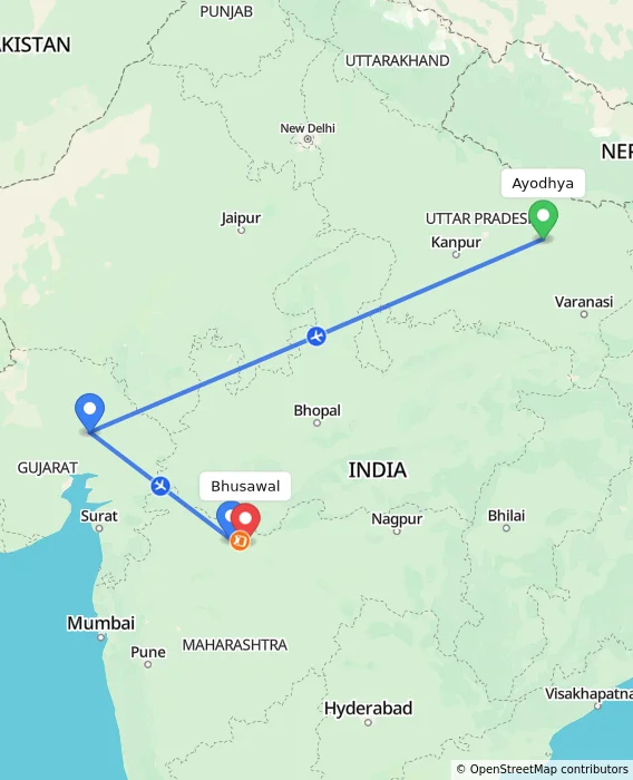 Route map showing distance and travel time from Ayodhya, India to Bhusawal, India