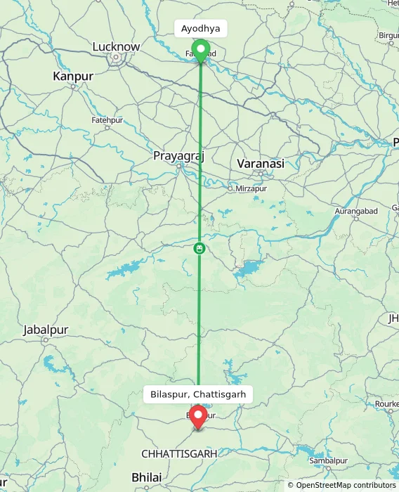 Route map showing distance and travel time from Ayodhya, India to Bilaspur, Chattisgarh, India