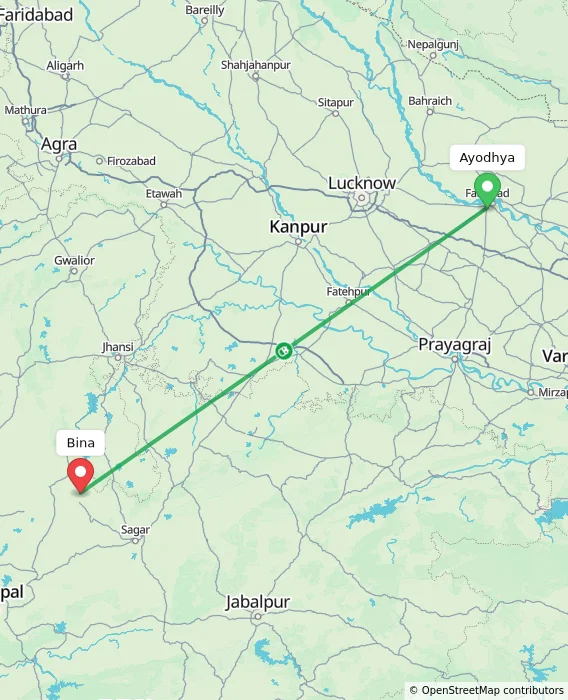Route map showing distance and travel time from Ayodhya, India to Bina, India
