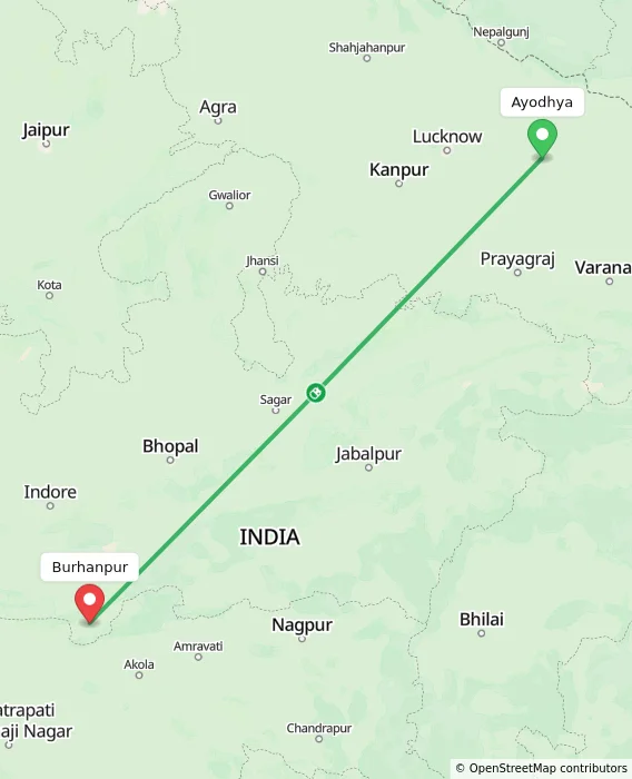 Route map showing distance and travel time from Ayodhya, India to Burhanpur, India