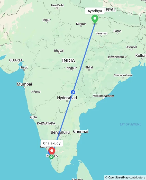Route map showing distance and travel time from Ayodhya, India to Chalakudy, India