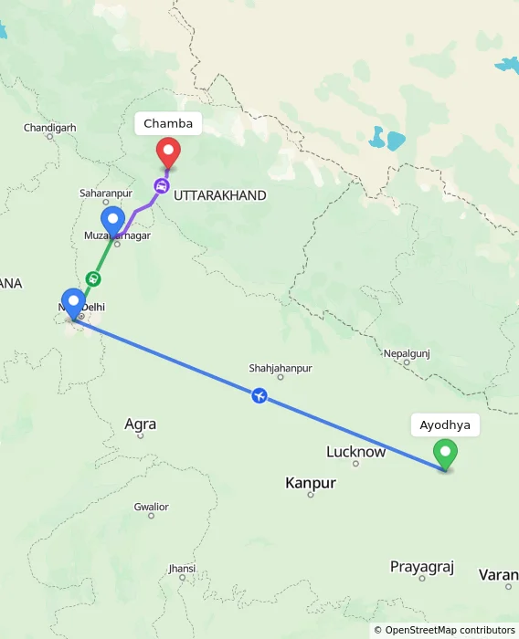 Route map showing distance and travel time from Ayodhya, India to Chamba, India