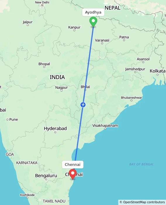 Route map showing distance and travel time from Ayodhya, India to Chennai, India