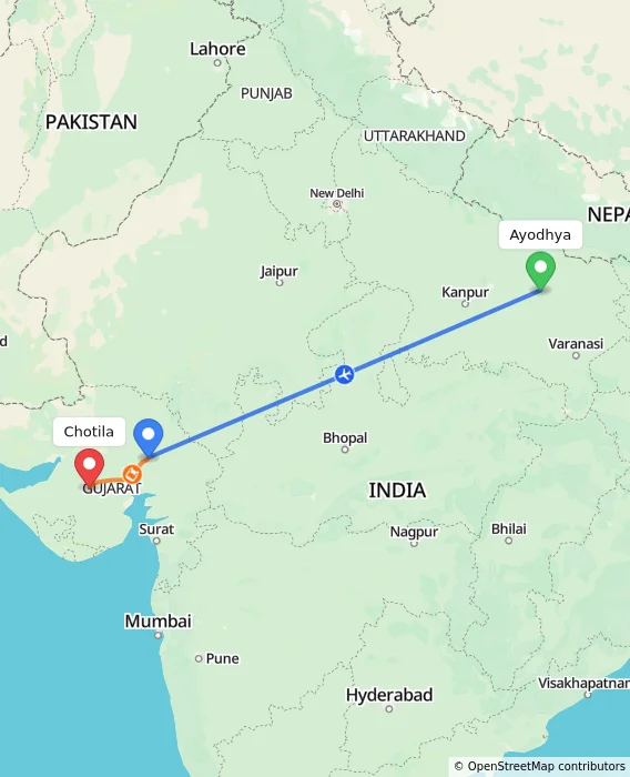 Route map showing distance and travel time from Ayodhya, India to Chotila, India