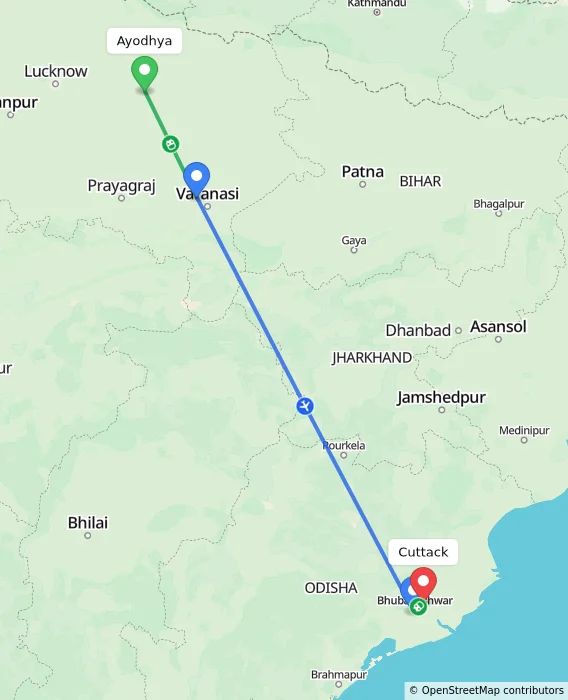 Route map showing distance and travel time from Ayodhya, India to Cuttack, India