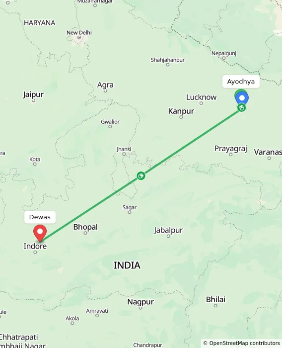 Route map showing distance and travel time from Ayodhya, India to Dewas, India