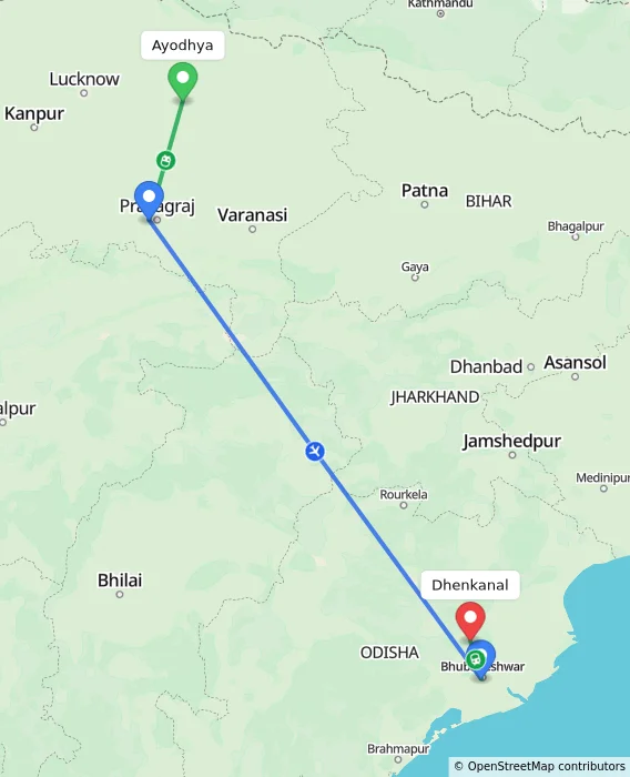 Route map showing distance and travel time from Ayodhya, India to Dhenkanal, India