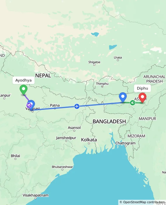 Route map showing distance and travel time from Ayodhya, India to Diphu, India