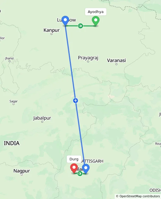 Route map showing distance and travel time from Ayodhya, India to Durg, India