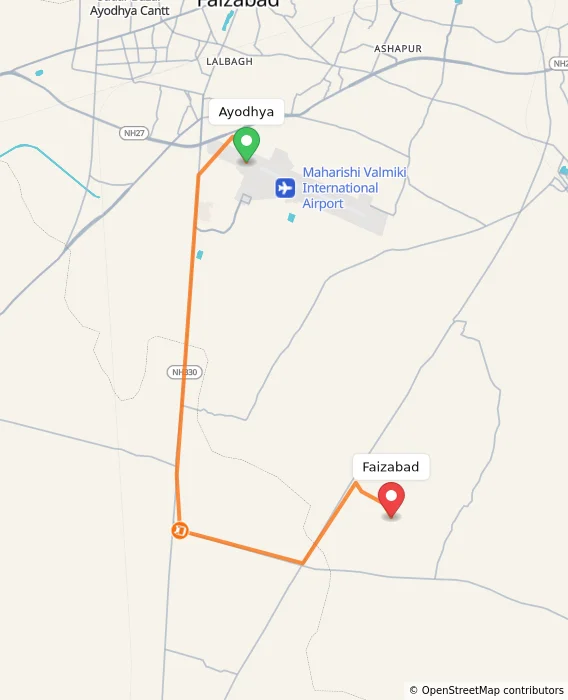 Route map showing distance and travel time from Ayodhya, India to Faizabad, India