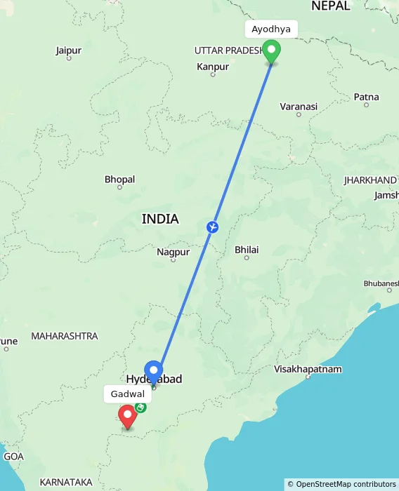 Route map showing distance and travel time from Ayodhya, India to Gadwal, India