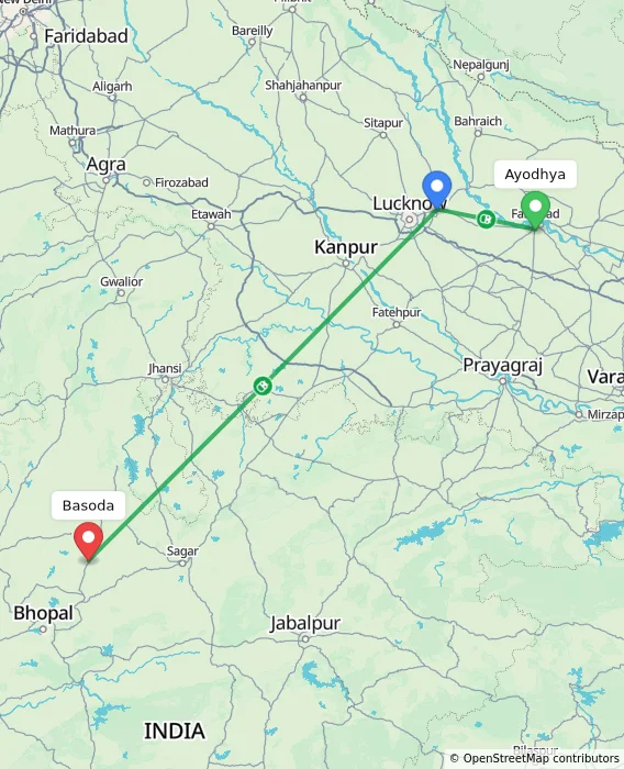 Route map showing distance and travel time from Ayodhya, India to Basoda, India