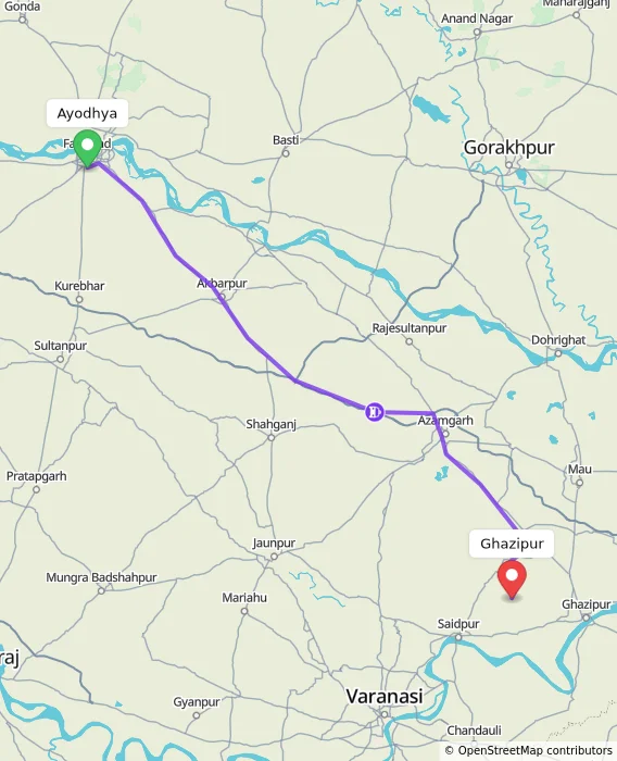 Route map showing distance and travel time from Ayodhya, India to Ghazipur, India