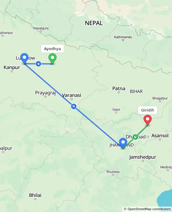 Route map showing distance and travel time from Ayodhya, India to Giridih, India
